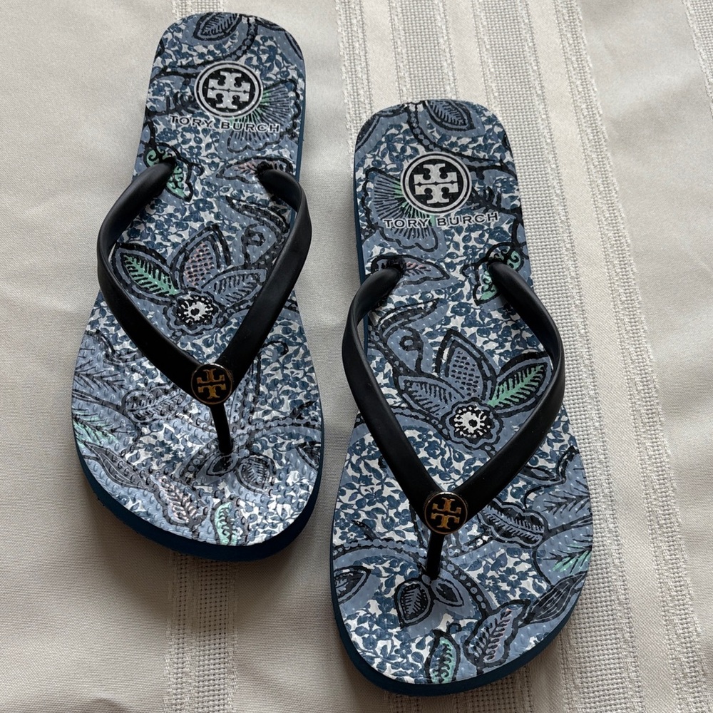 Tory Burch Blue Flowered Flip Flops